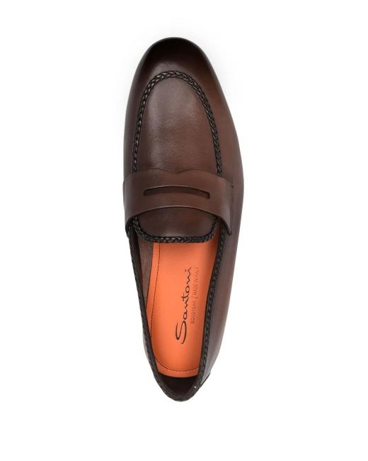 Santoni Brown Leather Penny Loafers for men