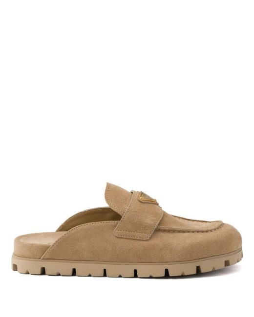Prada Brown Triangle-Logo Suede Slippers
