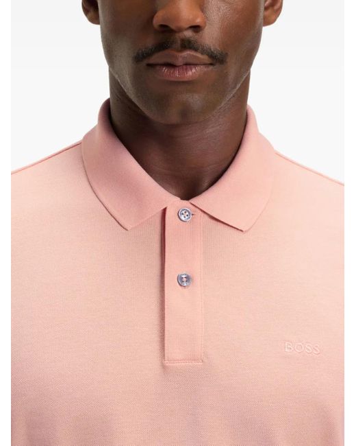 Boss Pink Logo-Embroidered Cotton Polo Shirt for men