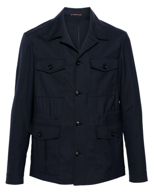 Canali Blue Button-up Wool Military Jacket for men