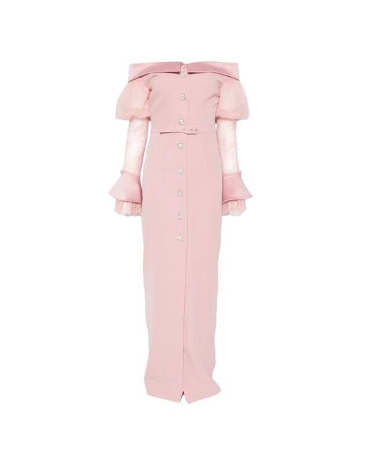 SILK LOVE & LACE Pink Andrea Lace-Panelled Off-Shoulder Maxi Dress