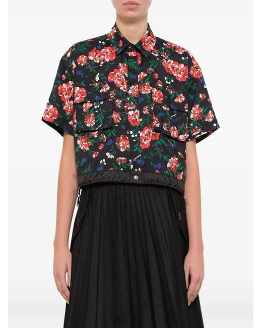 Sacai Red Floral-Print Flap-Pocket Shirt