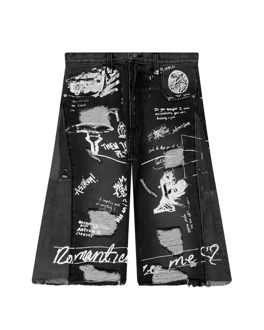 Astrum Black Dedication Graphic-Print Denim Shorts for men