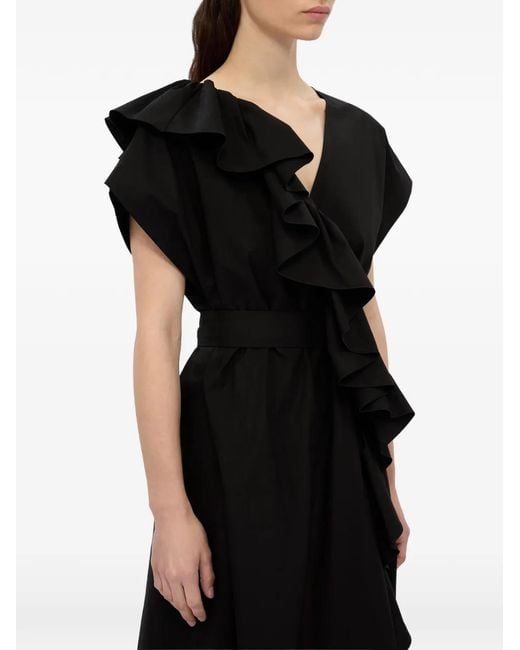 MSGM Black Ruffled V-Neck Dress