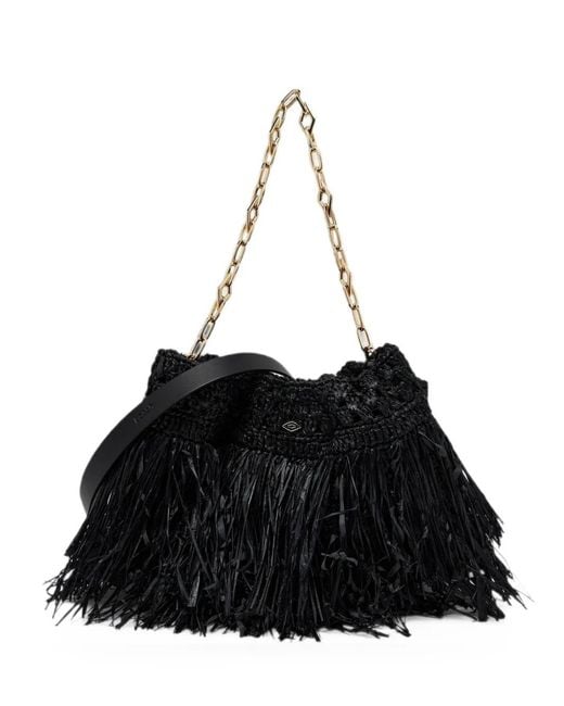 Ba&sh Black June Fringed Raffia Clutch Bag