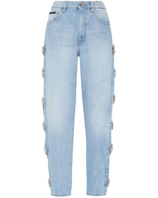 Philipp Plein Blue Brooch-detail Cut-out Jeans