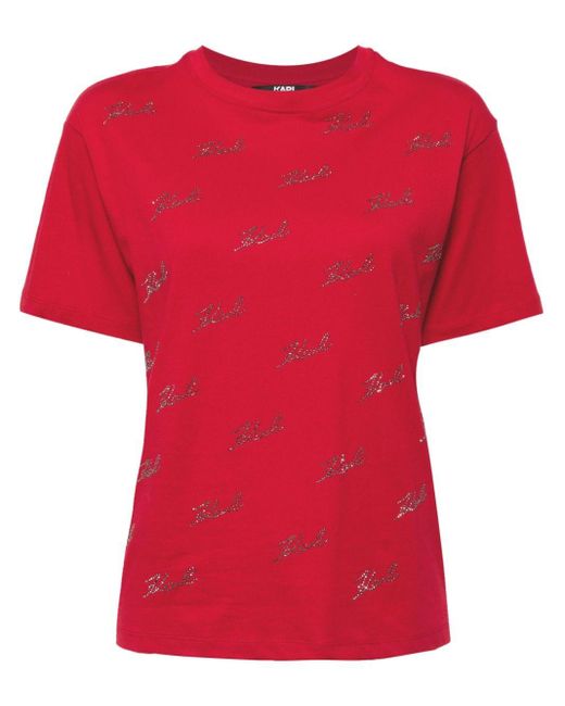 Karl Lagerfeld Red Logo Rhinestone-embellished T-shirt