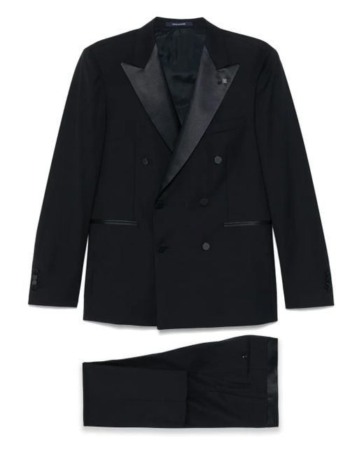 Tagliatore Black Double-Breasted Suit With Satin Peak Lapel for men