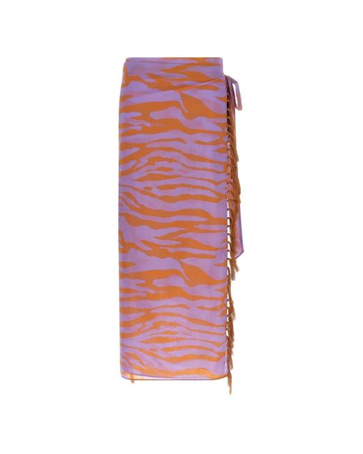 The Attico Red Il Primo Bagno Animal-Print Fringed Sarong Skirt