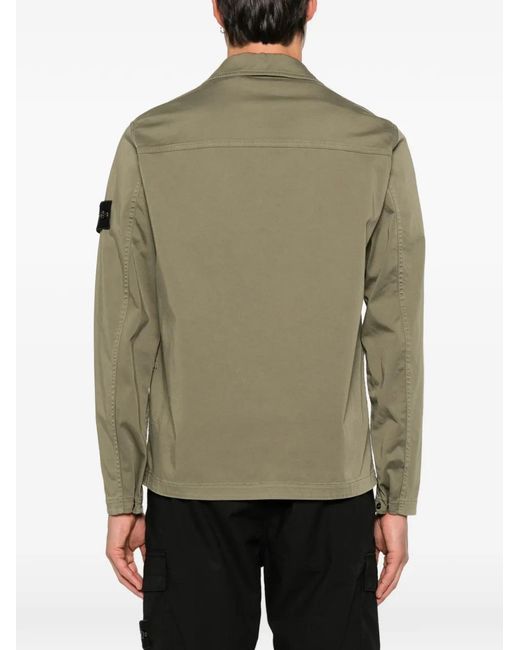Stone Island Green Logo-Patch Zip-Up Cotton Shirt for men