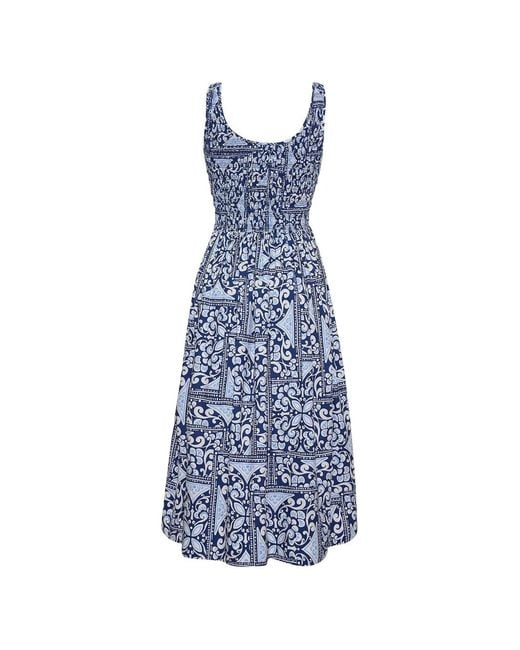Cara Cara Blue Bergamo Tile-Print Smocked-Waist Midi Dress