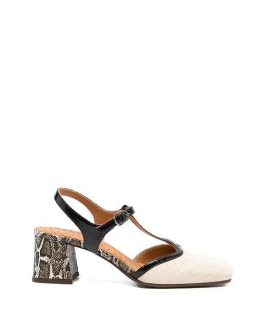 Chie Mihara White T-Strap Snakeskin Block Heel Shoes