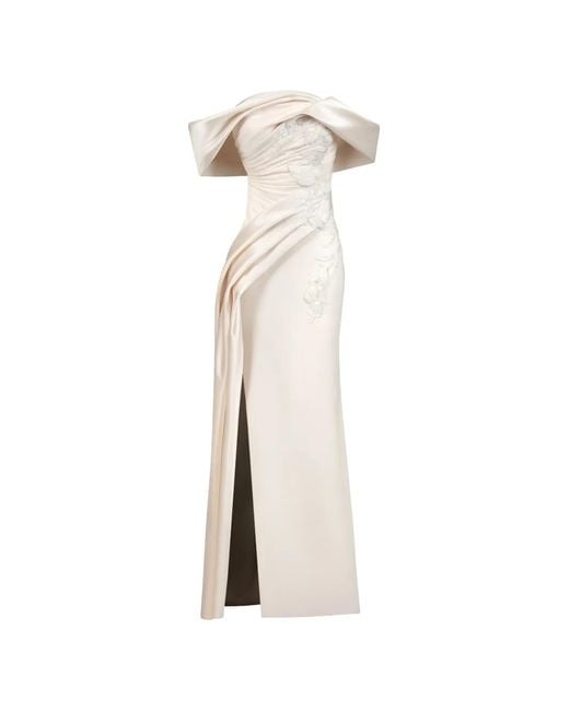 Gaby Charbachy Natural Floral-Embellished Off-The-Shoulder Gown