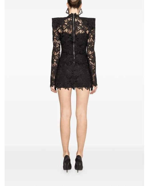 Nissa Black Shoulder-Pads Lace Mini Dress