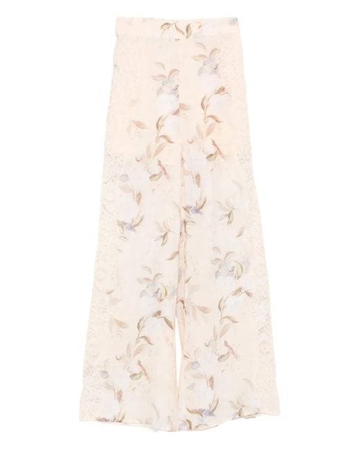 Zimmermann Natural Floral-Print Lace-Insert Trousers