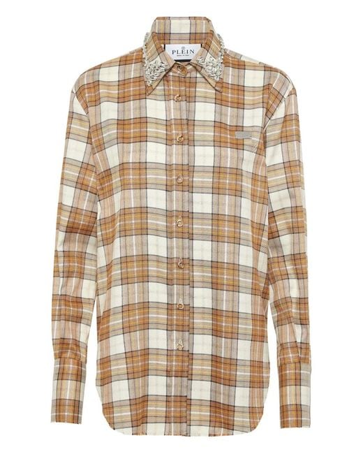 Philipp Plein Natural Strass-Embellished Checked Shirt