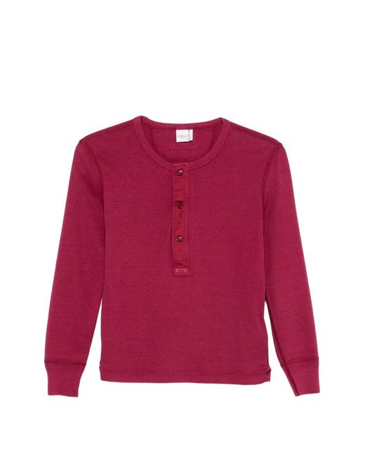 Chloé Red Button-Placket Long-Sleeve Top