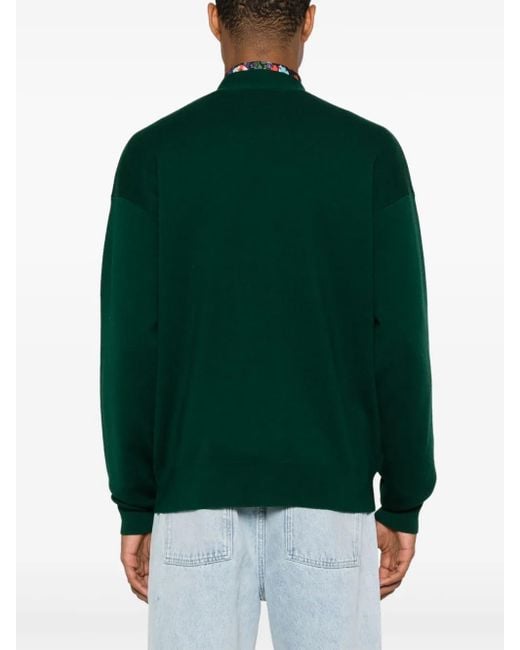 Drole de Monsieur Green Embroidered-Logo Knitted Cardigan for men