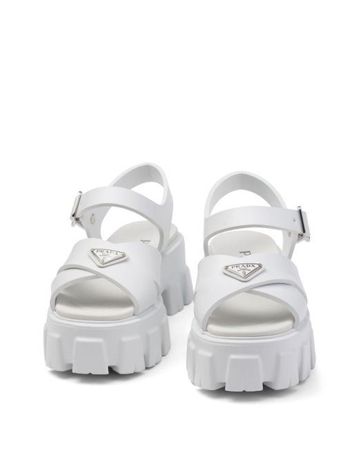 Prada White Triangle-logo Platform Sandals