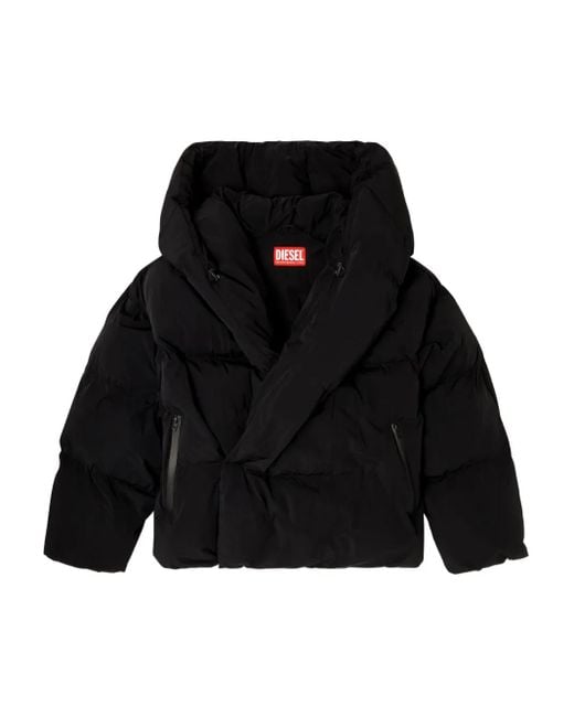 DIESEL Black Hooded Down Jacket for men