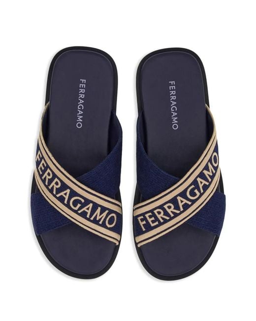 Ferragamo Blue Crossover-Strap Cotton Sandals for men