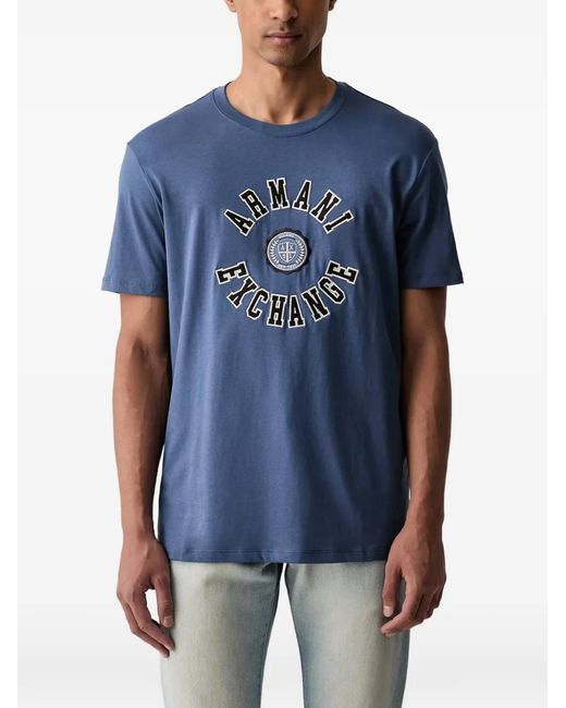 ARMANI EXCHANGE Blue Logo-Patch Cotton T-Shirt for men