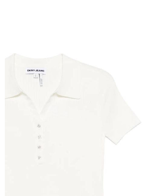 DKNY White T-Shirt Côtelé À Boutonnière