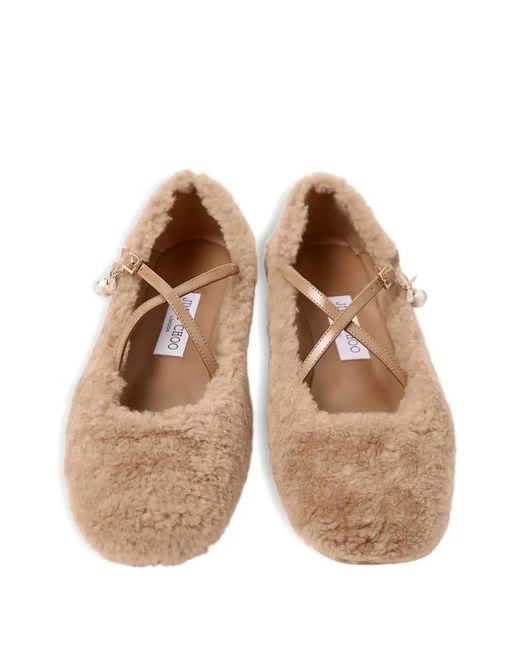 Jimmy Choo Brown Shearling-Ballerinas Mit Überkreuzten Riemen
