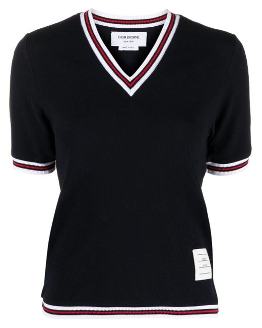 Thom Browne Black Cricket-stripe V-neck T-shirt
