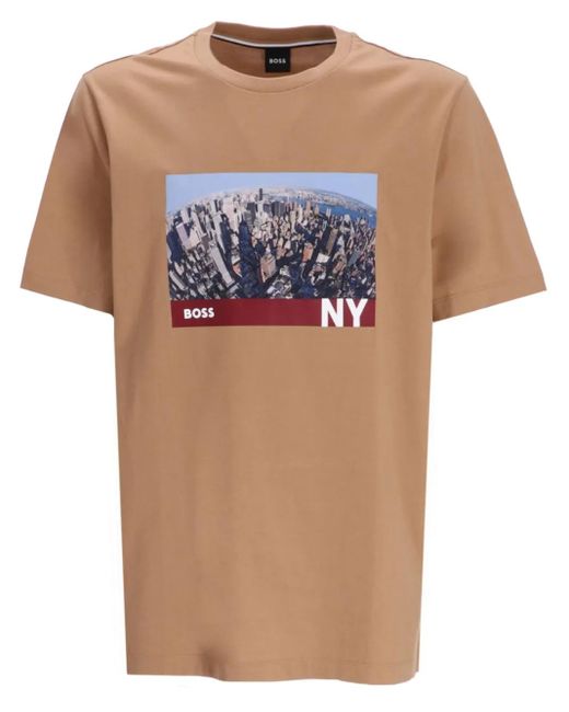 Boss Brown Graphic-Print Cotton T-Shirt for men