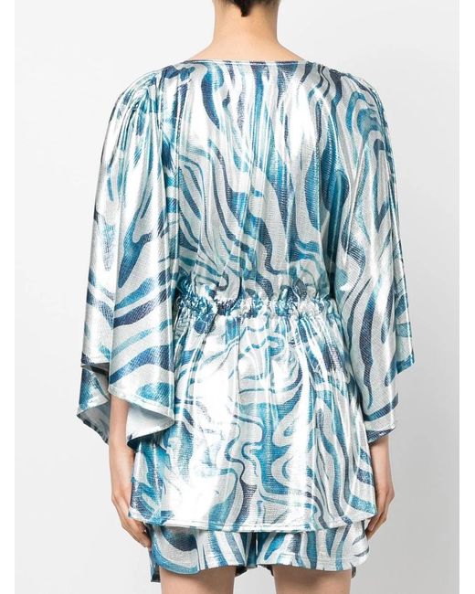 Alberta Ferretti Blue Swirl Print Flared Sleeve Top