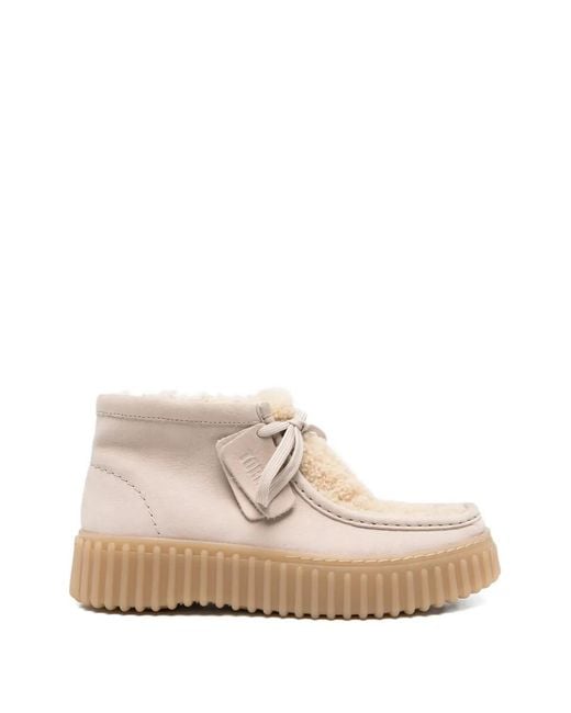 Clarks White Torhill Shearling-Panel Lace-Up Boots