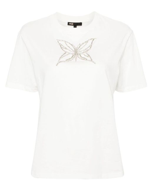 Maje White Butterfly-embellished Cotton T-shirt