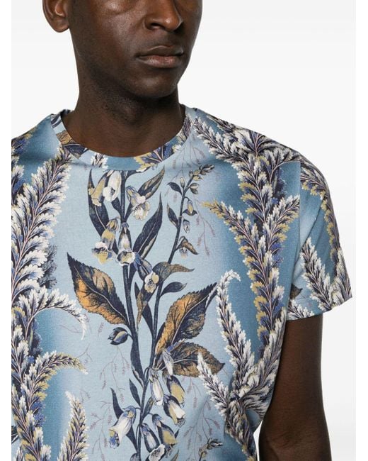 Etro Blue Cotton T-Shirt With Botanical Print for men