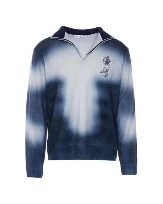 Vivienne Westwood Blue Embroidered V-Neck Sweater for men