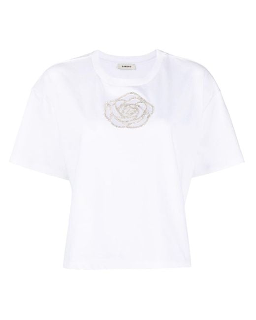 Sandro White Crystal-embellished Rose T-shirt