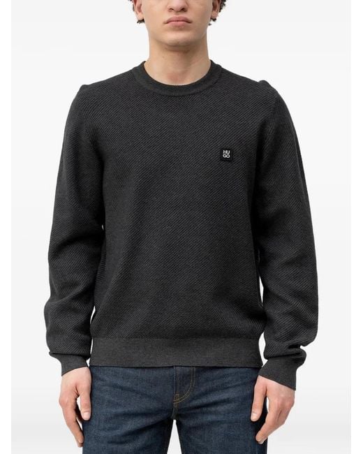 HUGO Black Setal Textured Logo-Patch Jumper for men