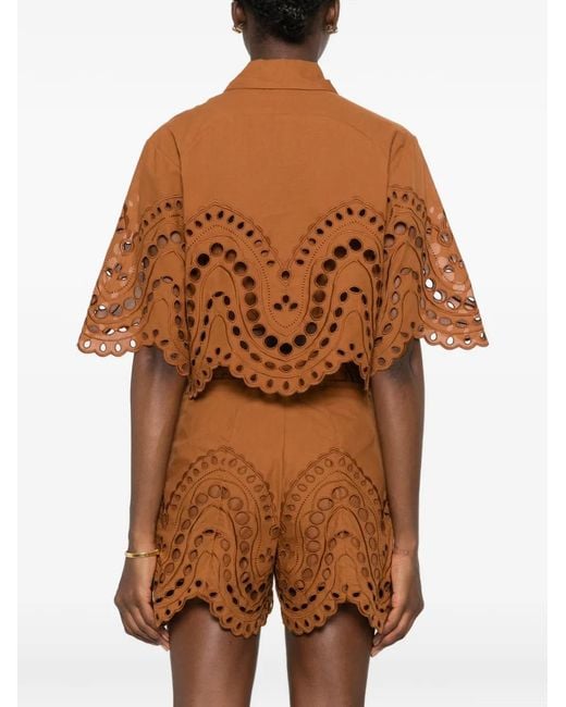 Charo Ruiz Brown Storm Broderie-Anglaise Cropped Shirt