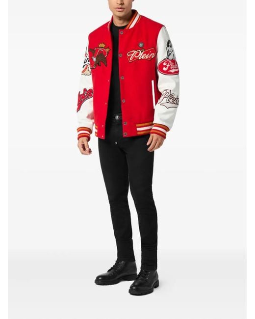 Philipp Plein Red Patch Varsity Bomber Jacket for men