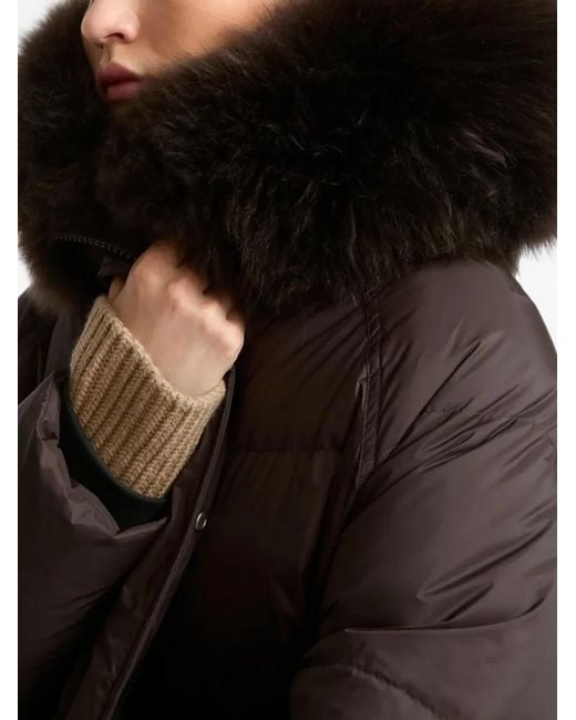 Yves Salomon Brown Wool-Trim Hooded Long Coat