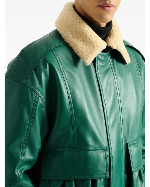 Balmain Green Shearling Leather Bomber Jacket for men