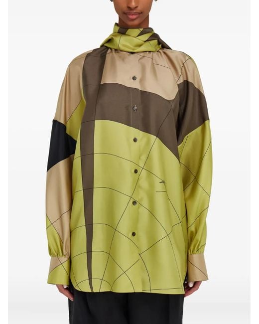 Ferragamo Green Parachute Pattern Silk Blouse