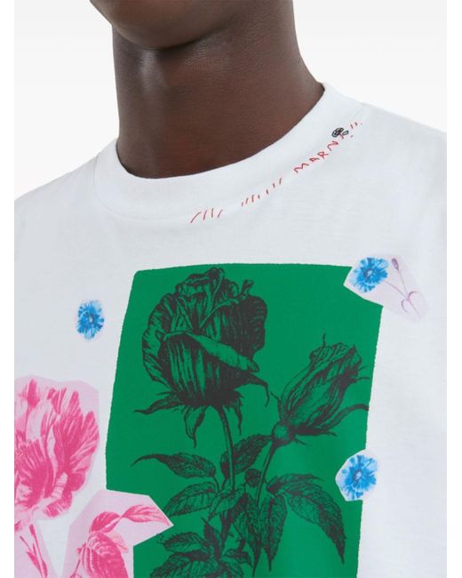 Marni White Floral-print Cotton T-shirt for men