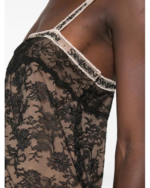 Saint Laurent Brown Lace-Overlay Logo-Strap Mini Dress