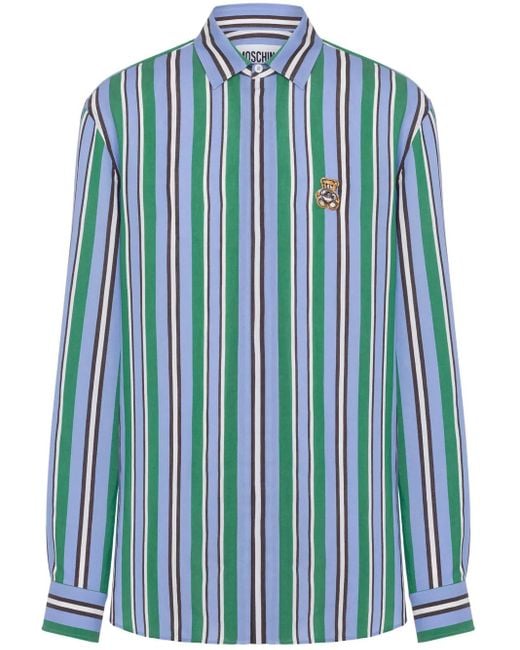 Moschino Blue Teddy Bear-Appliqué Striped Shirt for men