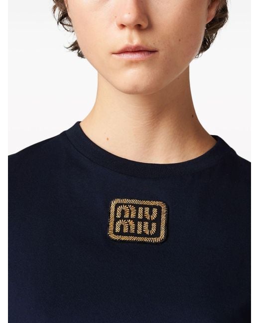 Miu Miu Blue Logo Appliqué Cotton T-shirt
