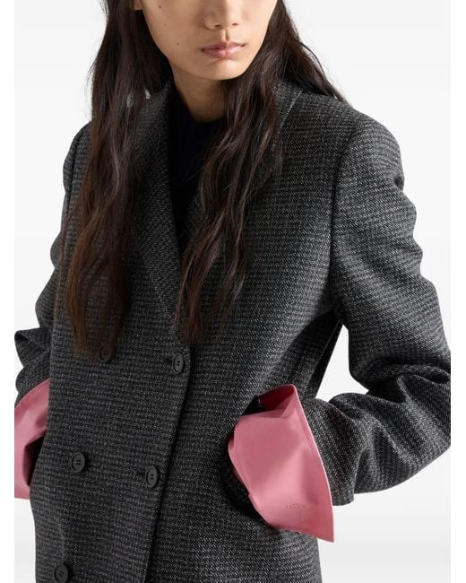 Prada Black Double-Breasted Gingham-Checked Mouliné Wool Coat