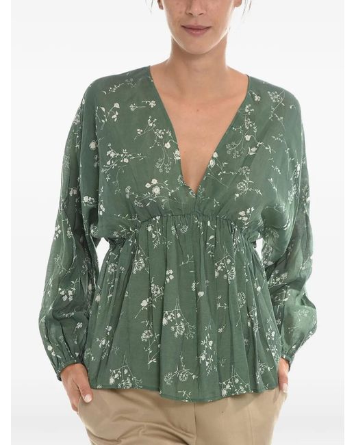 Samsøe & Samsøe Green Floral-Print Puff-Sleeve Blouse
