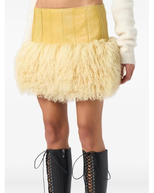 Blumarine Yellow Fur-Trimmed Mini Skirt