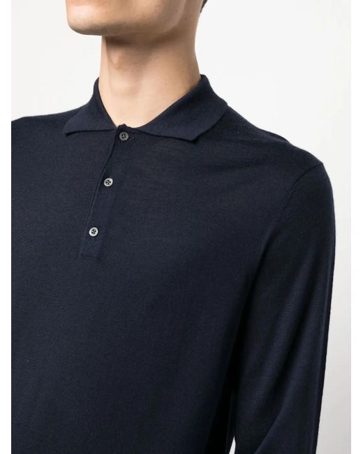 Corneliani Blue Fine-Knit Long-Sleeve Polo Shirt for men
